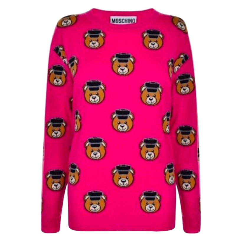 Moschino Couture Jeremy Scott All Over Teddy Bears Policeman Pink Sweater 36 IT For Sale