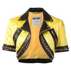 Moschino Couture Jeremy Scott Barbie Yellow Quilted Cropped Biker Jacket IT 38