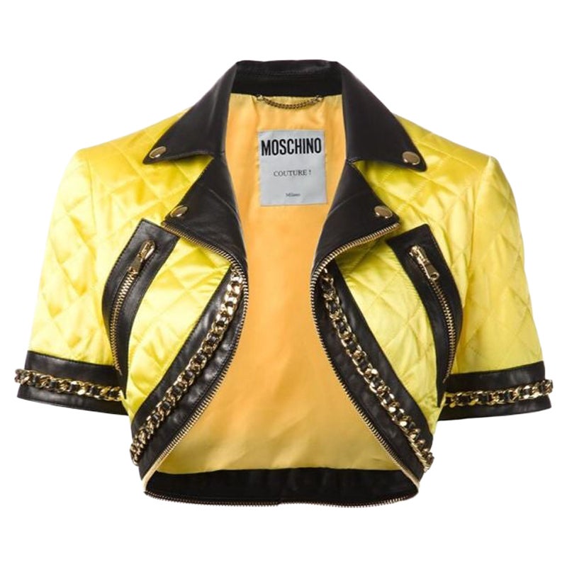 Moschino Couture Jeremy Scott Barbie Yellow Quilted Cropped Biker Jacket IT 40 For Sale