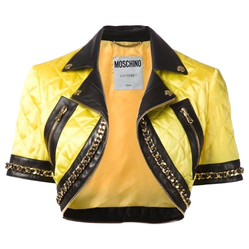 Moschino Couture Jeremy Scott Barbie Yellow Quilted Cropped Biker Jacket IT 42 For Sale