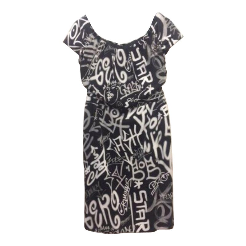 AW15 Moschino Couture Jeremy Scott Black/white Puffy Collar Graffiti Dress For Sale