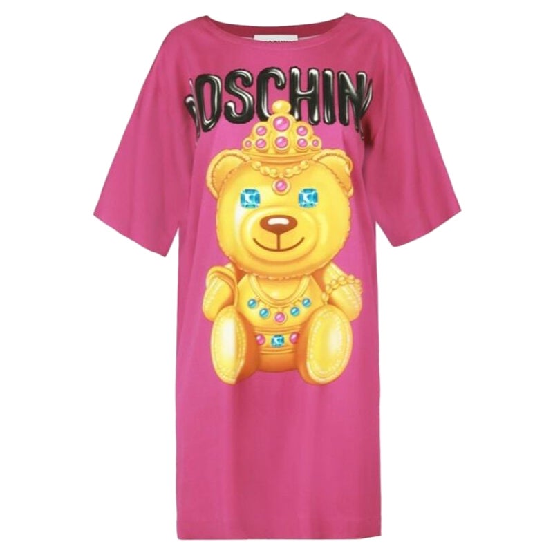SS17 Moschino Couture Jeremy Scott Crowned Teddy Bear Fuchsia Silk Dress For Sale