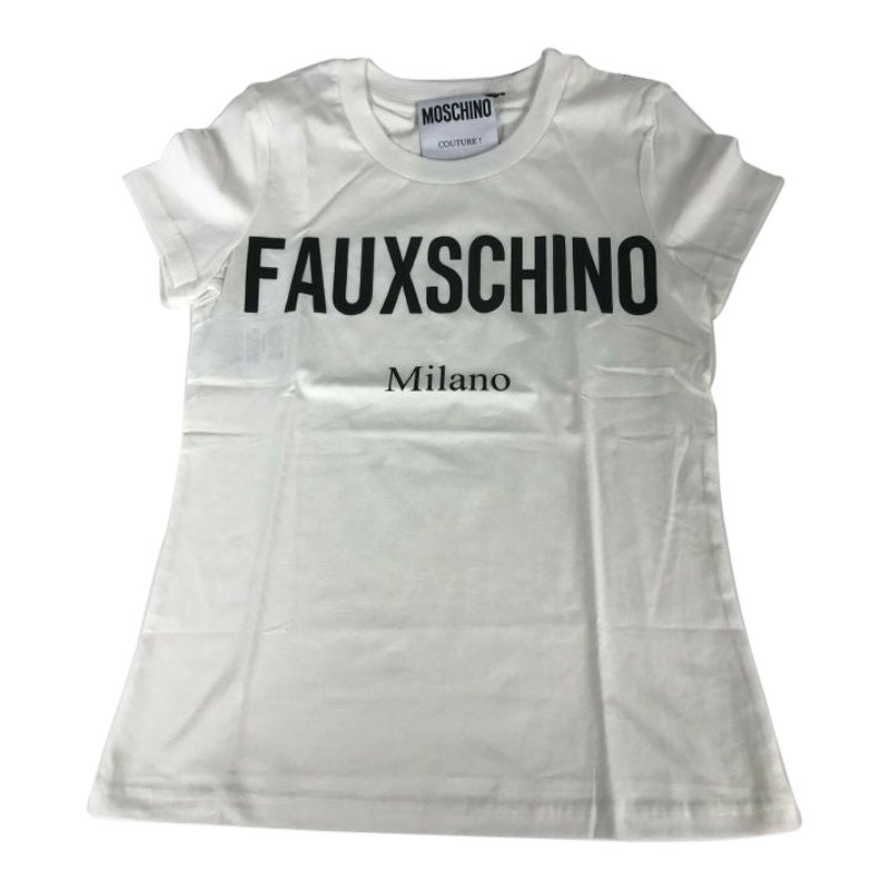 AW17 Moschino Couture Jeremy Scott Fauxchino Milano White Cotton T-shirt For Sale