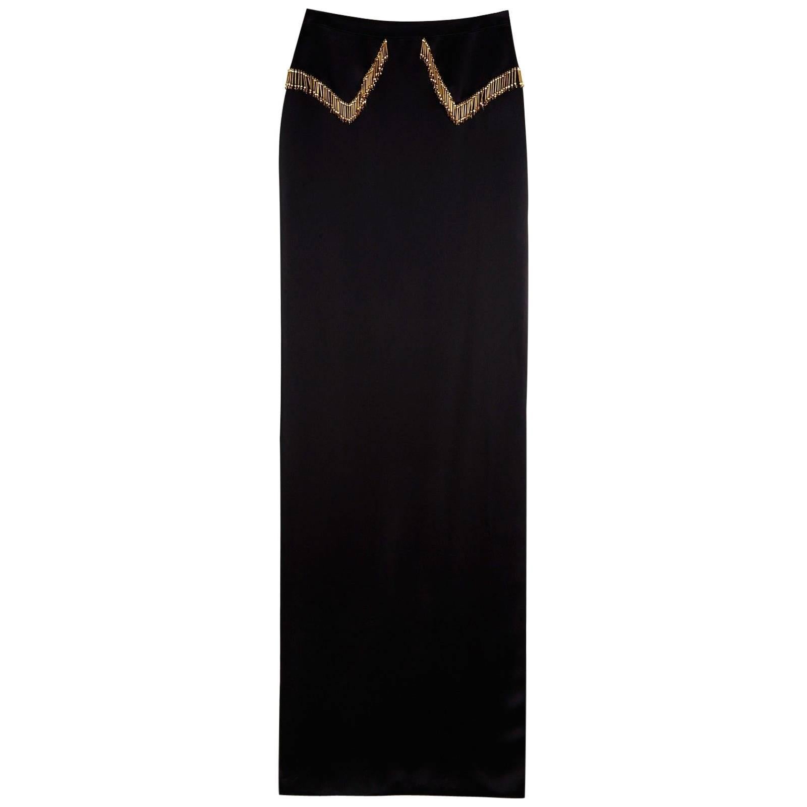  VERSACE Black Beaded Floor Length Skirt with High Slit For Sale