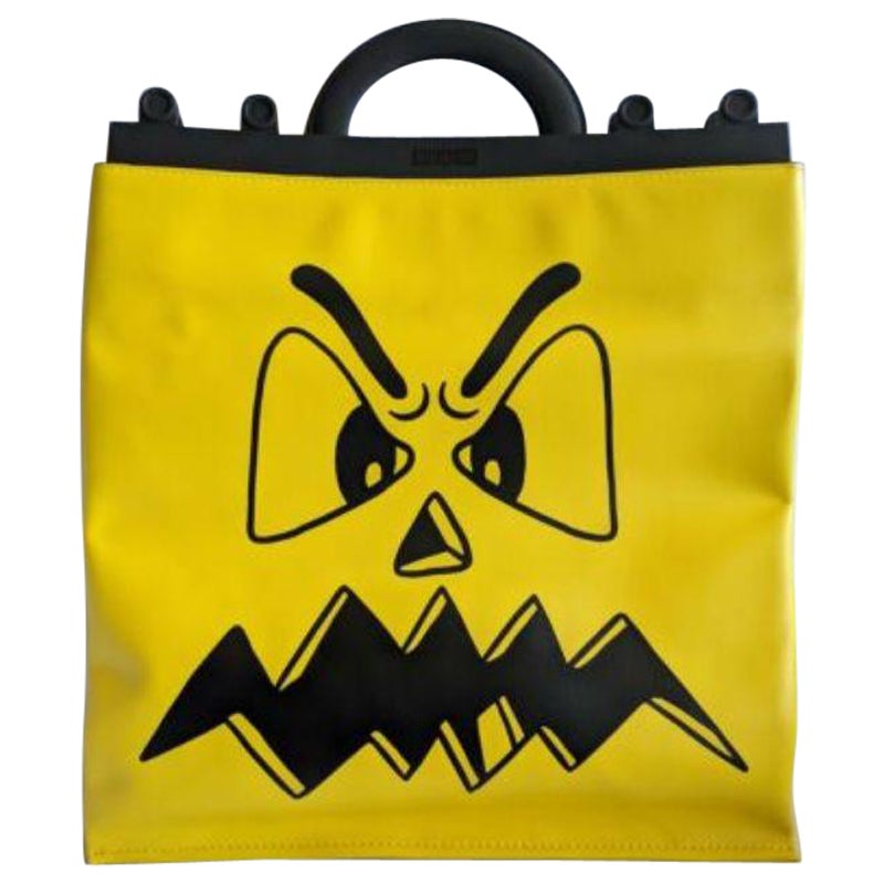SS20 Moschino Couture Jeremy Scott Ghost Pumpkin Face Yellow Leather Shopper Toc For Sale