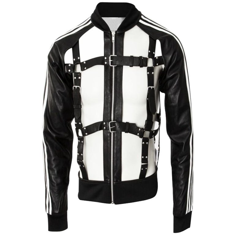 Volharding Onderling verbinden bleek Adidas Originals x Jeremy Scott JS Unisex Bondage Cage Leather Black Jacket  LMT! For Sale at 1stDibs | jeremy scott adidas jacket