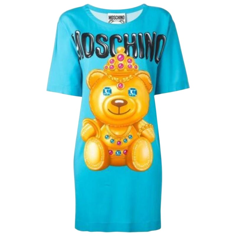 SS17 Moschino Couture Jeremy Scott Crowned Teddy Bear Light Blue Silk Dress For Sale