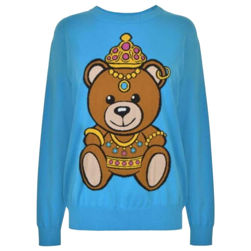 SS17 Moschino Couture Jeremy Scott Crowned Teddy Bear Jumper Light Blue Sweater For Sale