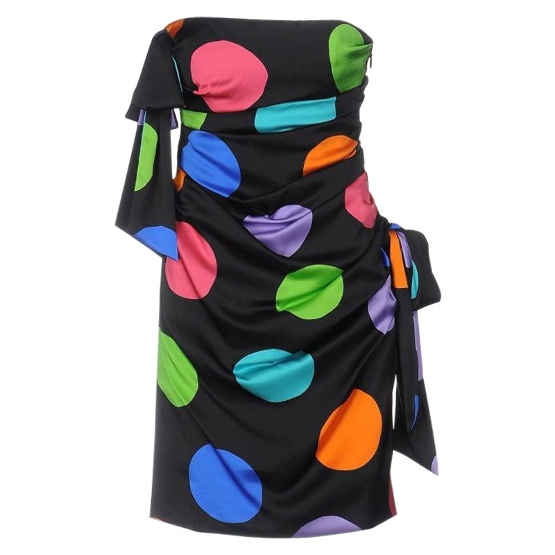 SS15 Moschino Couture Jeremy Scott Barbie Black Silk Cocktail Dress Neon Circles For Sale