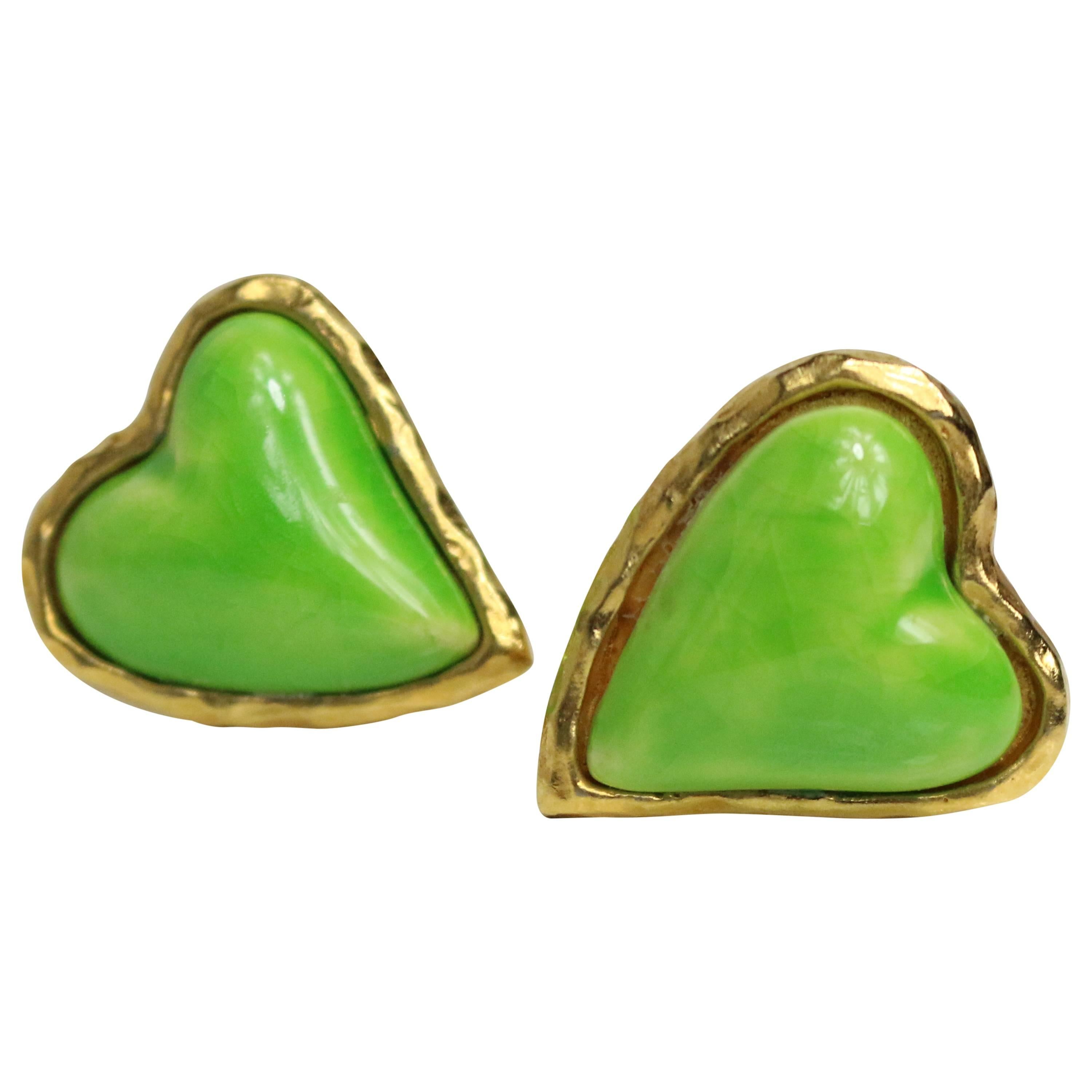 Christian Lacroix Apple Green Gripoix Heart Shaped Clip On Earrings  