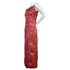 1960 Mod Lame Brocade Sleeveless Column Gown w/ Heavily Jeweled Mughal Neckline