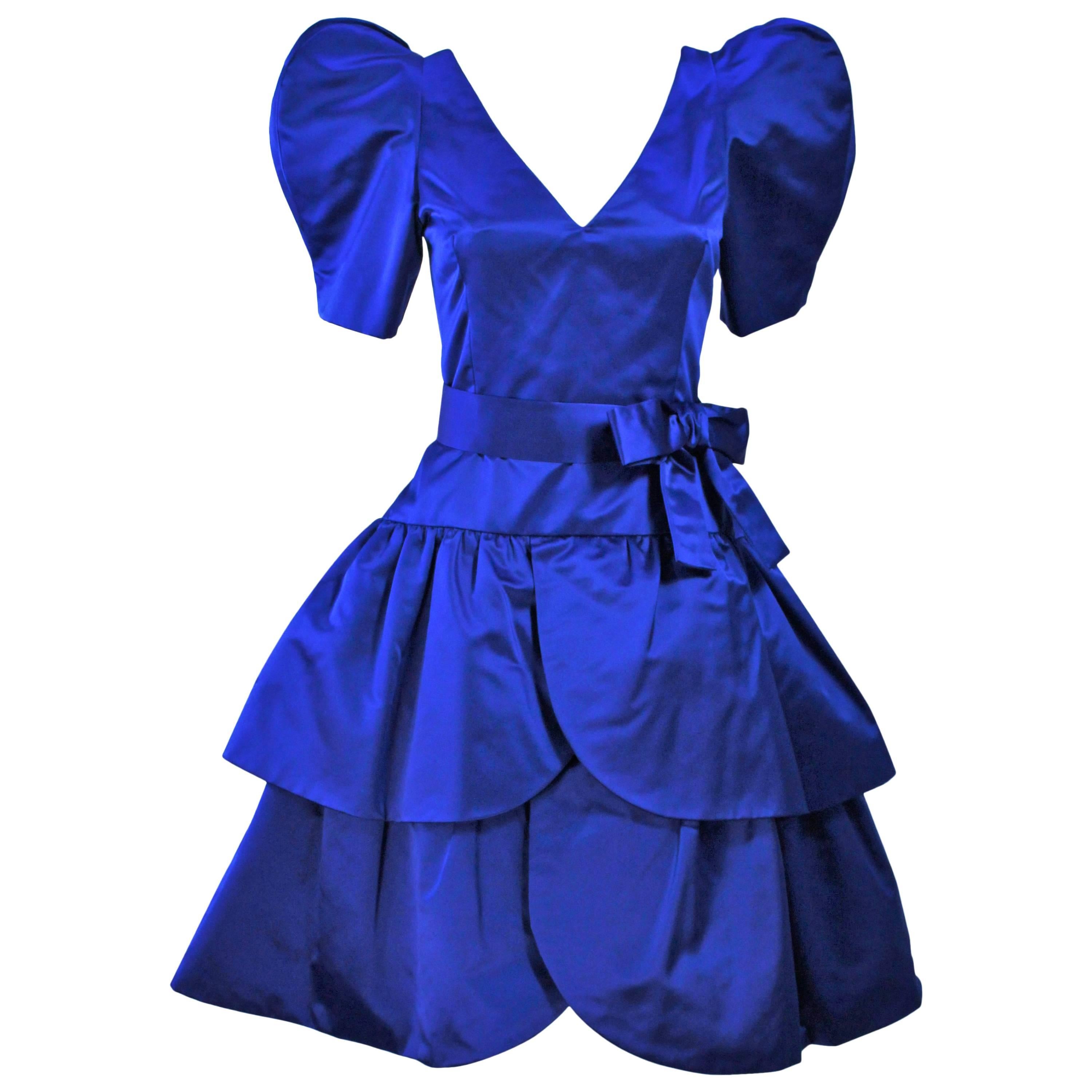 ARNOLD SCAASI Blue Satin Cocktail Dress with Bow Size 8