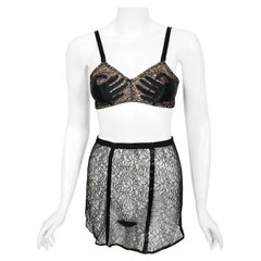 Used 1940's Schiaparelli Inspired 'Hands On' Silk Appliqué Lace Bra & Panties