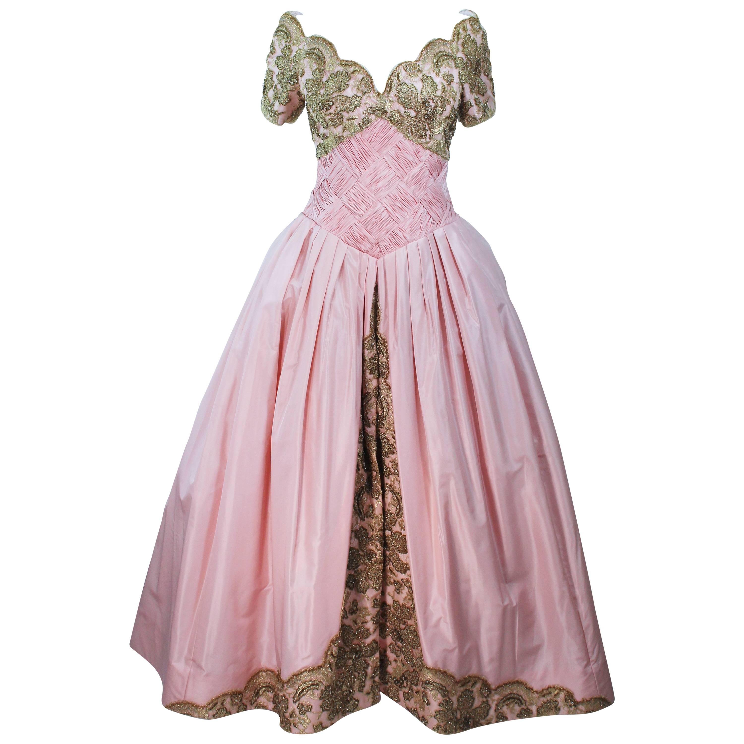 VERA WANG 1980's Embellished Pink Silk Ball Gown with Gold Lace Size 10-12 For Sale