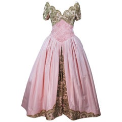VERA WANG 1980's Embellished Pink Silk Ball Gown with Gold Lace Size 10-12