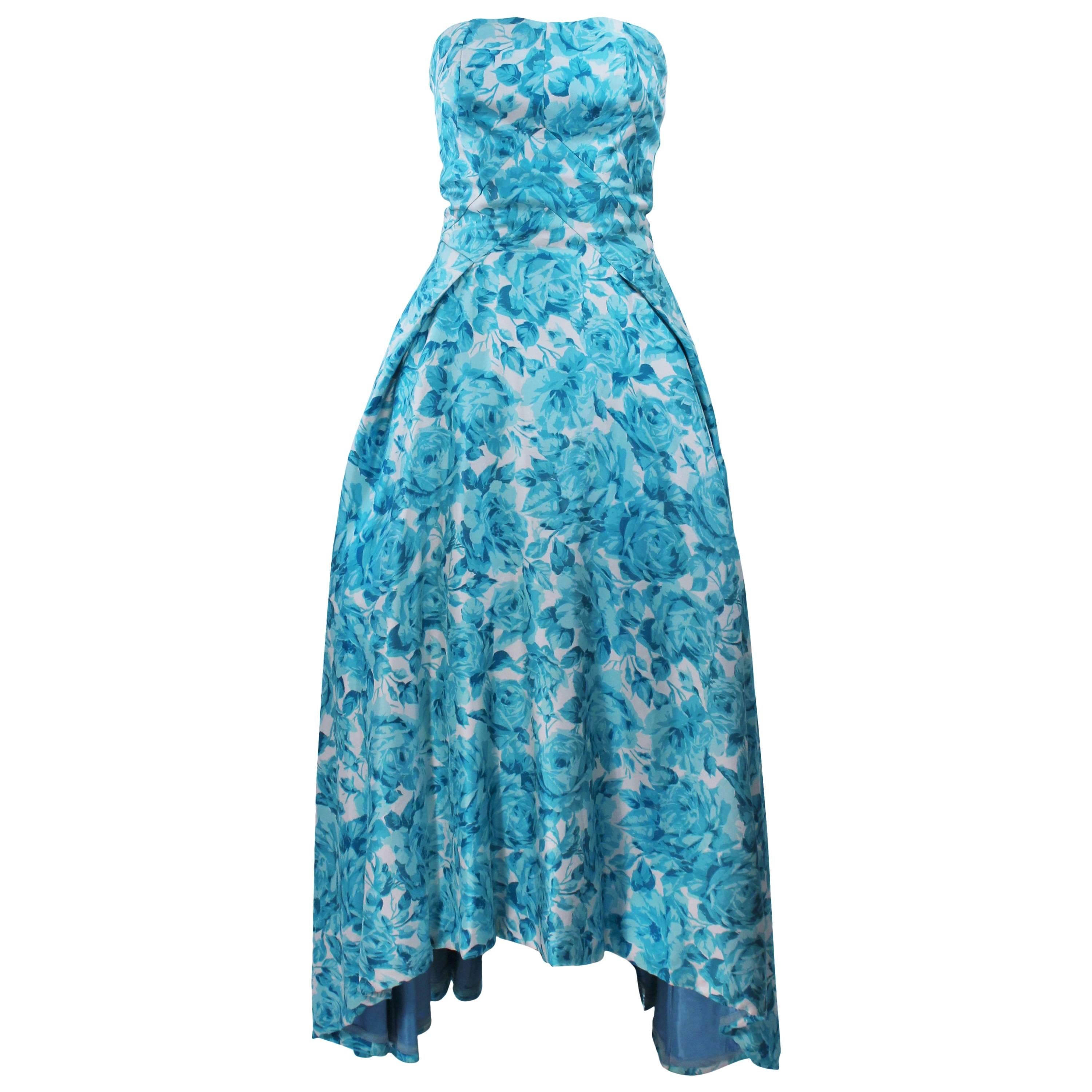 1950's Aqua Floral Watercolor Gown with Hi-Lo Skirt Size 2-4 For Sale