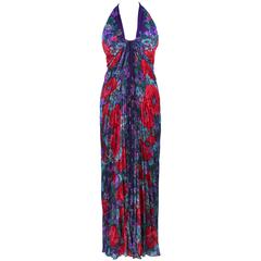 TRAVILLA 1980's Purple Floral Print Pleated Gown Size 4 6 4