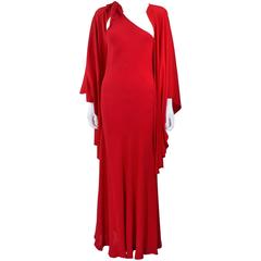 HALSTON Red Asymmetrical Bias Chiffon Gown with Jersey Cape Size 6 8 8