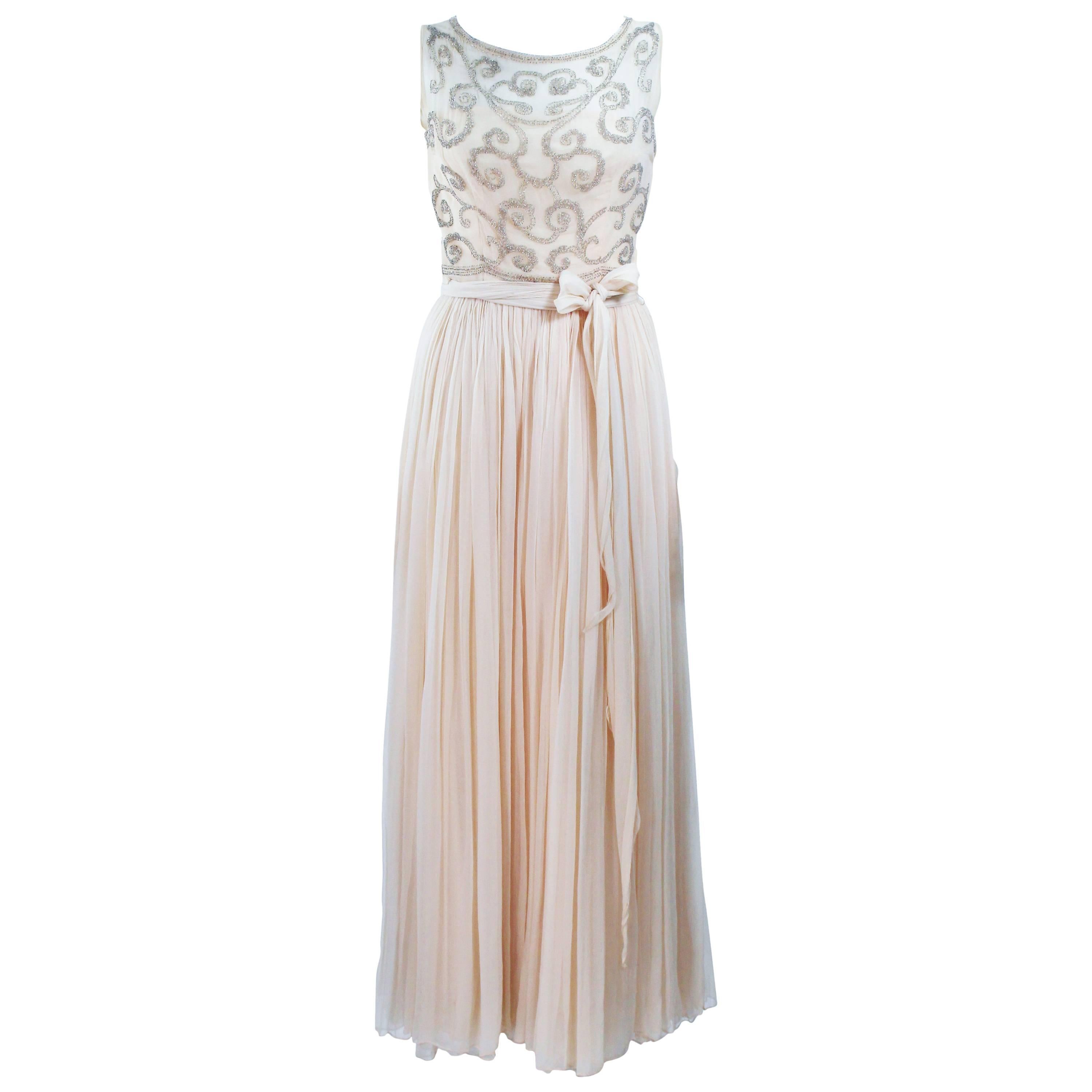 1960's Vintage Buttercream Chiffon Gown with Embellished Bodice Size 2 ...