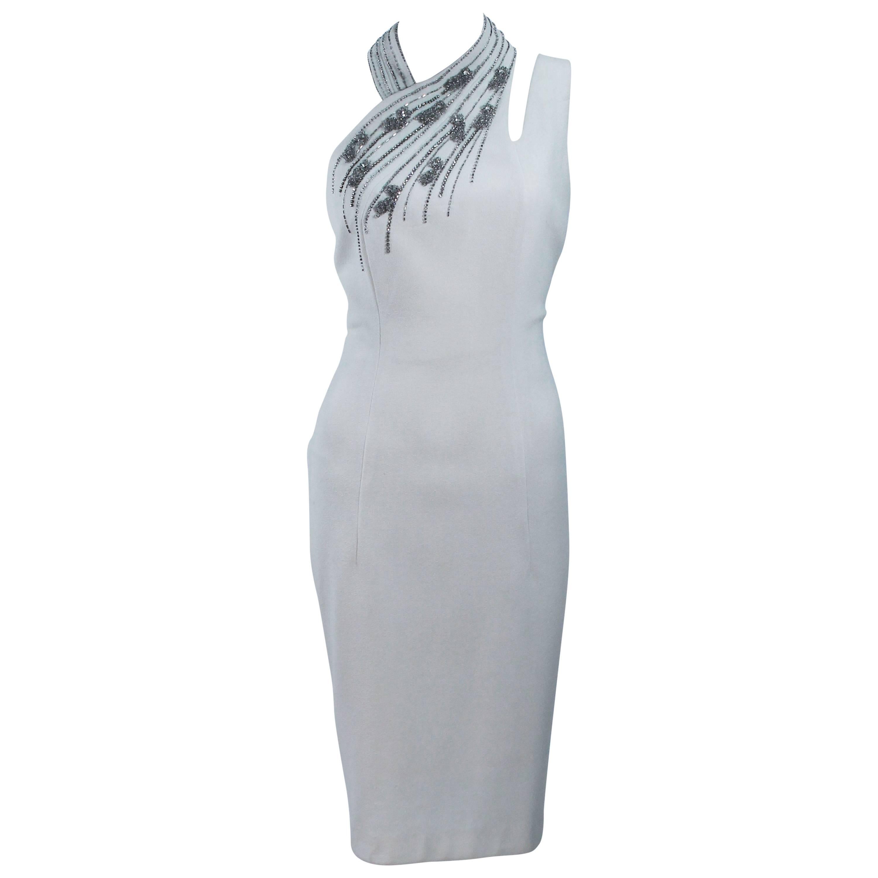 SYDNEY NORTH White Rhinestone Embellished Asymmetrical Cocktail Dress Size 6-8  For Sale