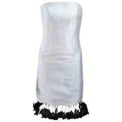 CANTU & CASTILLO White Raw Silk Cocktail Dress with Feather Trim Size 2