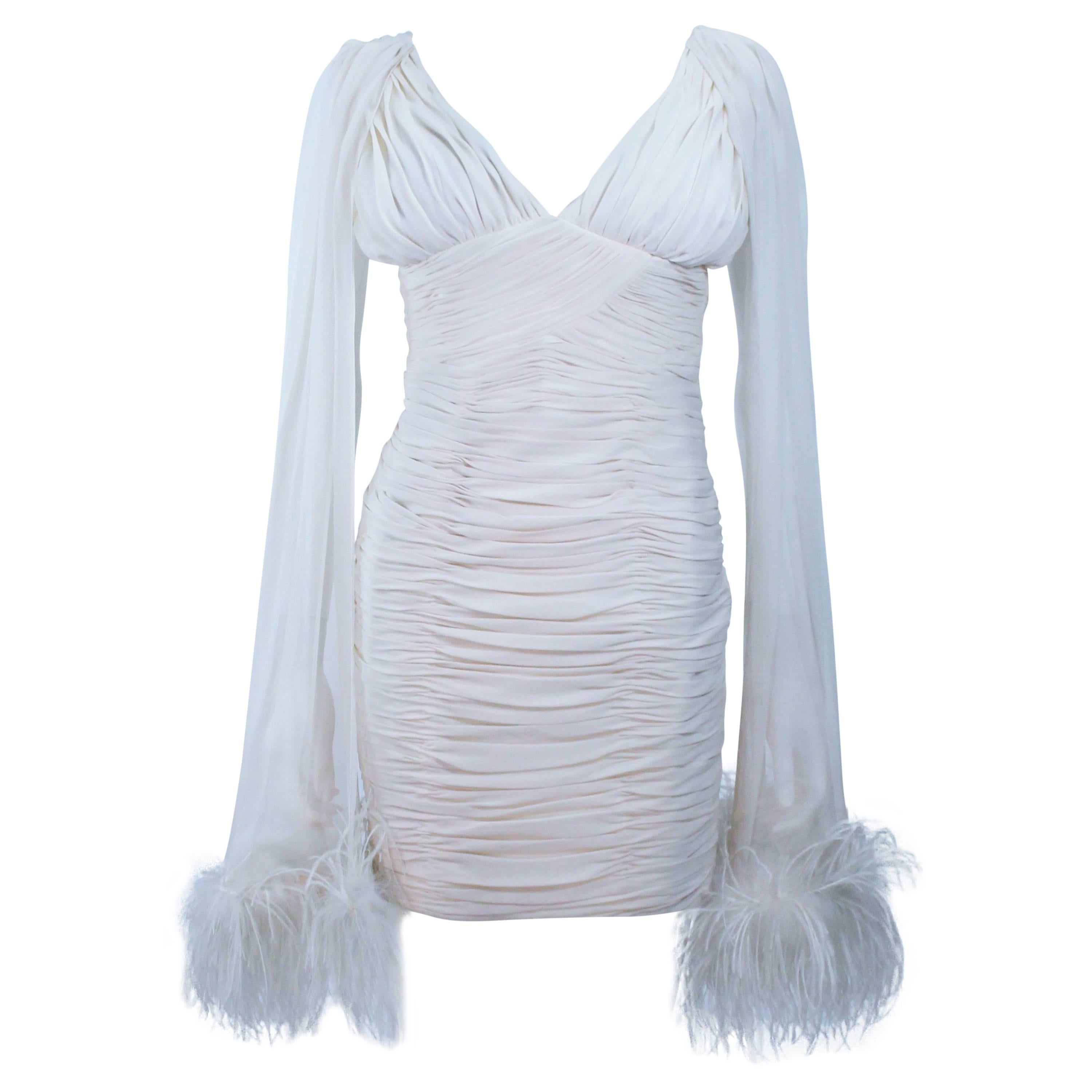 I. MAGNIN White Ruched Cocktail Dress with Feather Trim Size 2