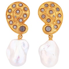 '90s Gilded Etruscan Paisley & Baroque Pearl Drop Earrings By Oscar de la Renta