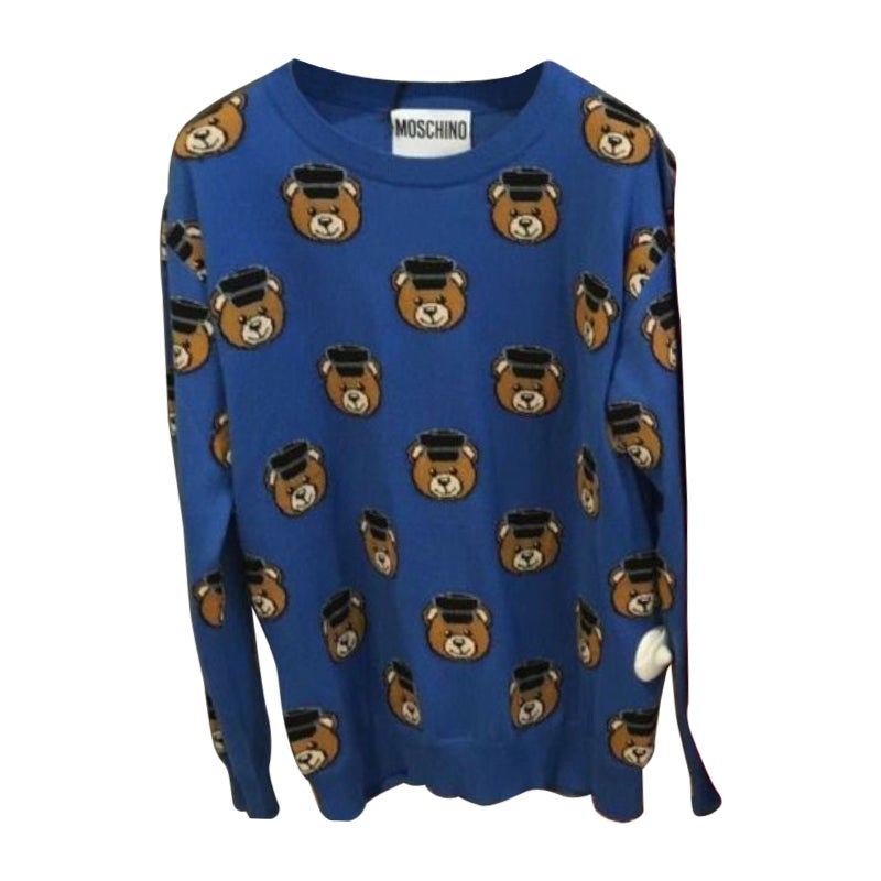 Moschino Couture Jeremy Scott All Over Teddy Bears Policeman Blue Wool Sweater For Sale