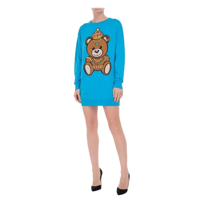 SS17 Moschino Couture Jeremy Scott Crowned Teddy Bear Light Blue Mini Dress For Sale
