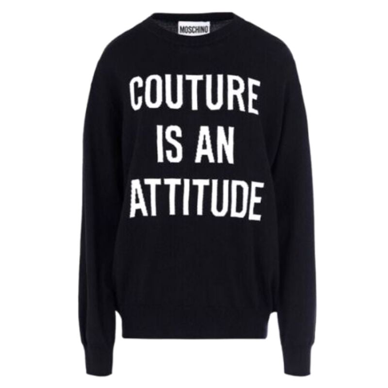 AW17 Moschino Couture Jeremy Scott Couture Is an Attitude Black Wool Sweater For Sale