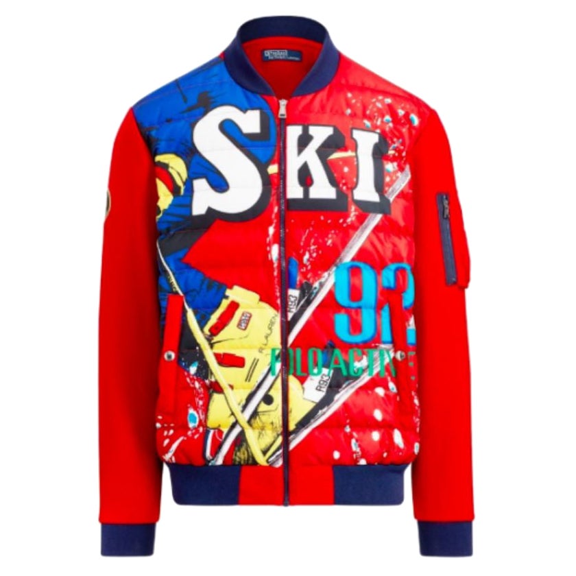 Ralph Lauren - Veste de ski hybride en duvet tricotée doublement rouge, bleue et jaune en vente
