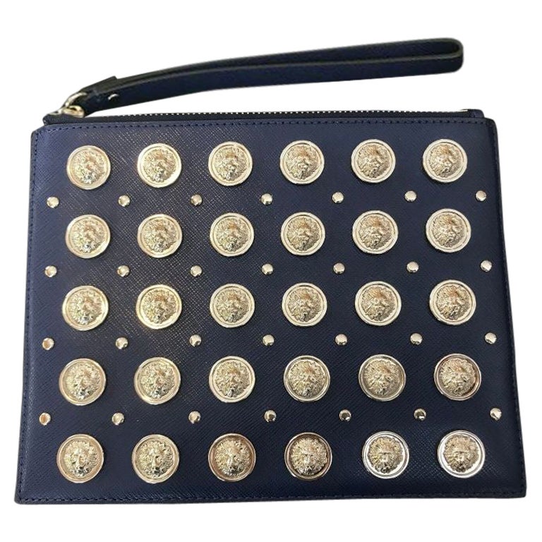 Versus Versace Blue All Over Silver Logo Embellishments Clutch Leather M Bag  For Sale at 1stDibs