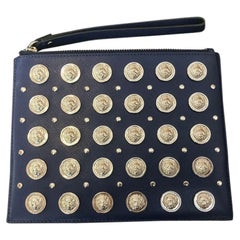Versus Versace Blue All Over Silver Logo Embellishments Clutch Leather M Bag
