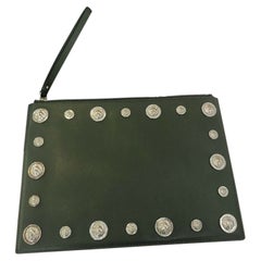 Versus Versace Olive All Over Silver Logo Embellishments Clutch Leather XL Bag