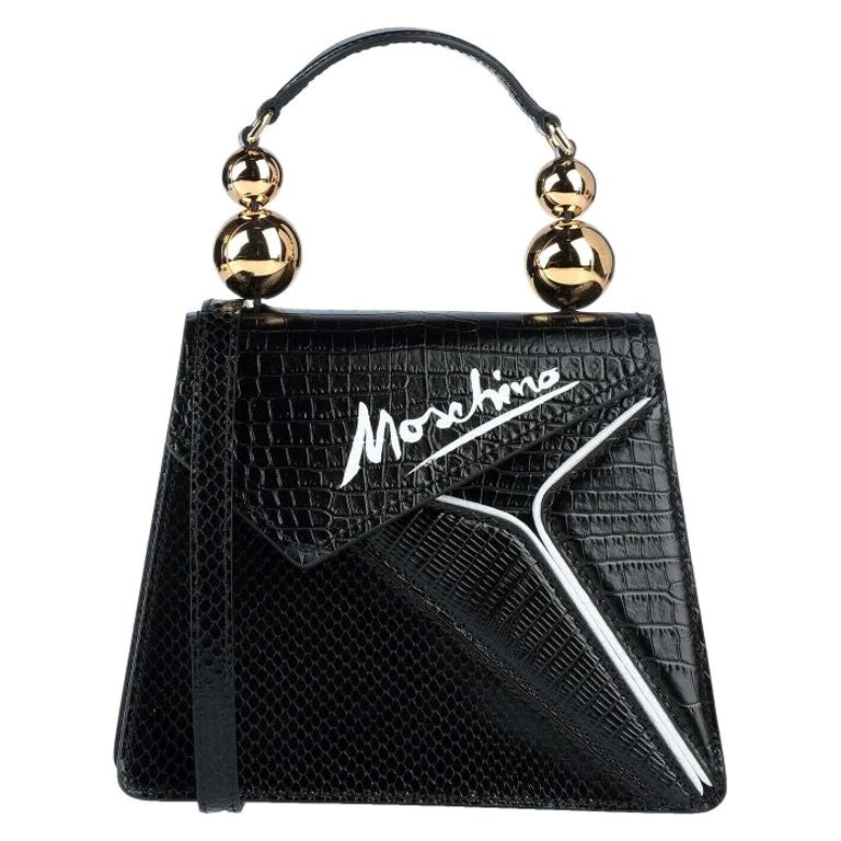 SS20 Moschino Couture Picasso Black Leather Cubism Snakeskin Leather Shoulder For Sale