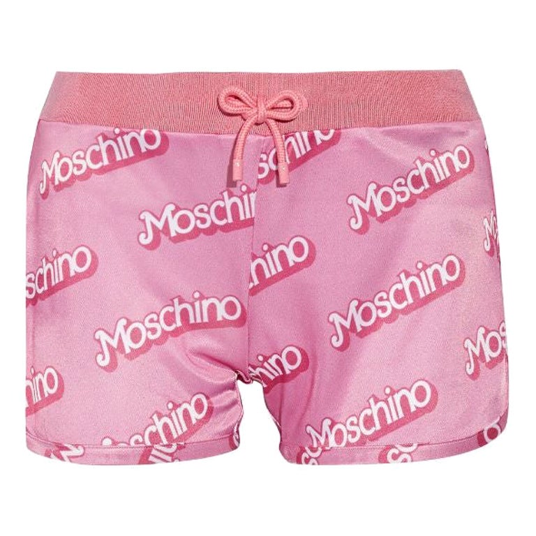 SS15 Moschino Couture Jeremy Scott Barbie Logo Satin Shorts Baby Rosa Think Pink im Angebot