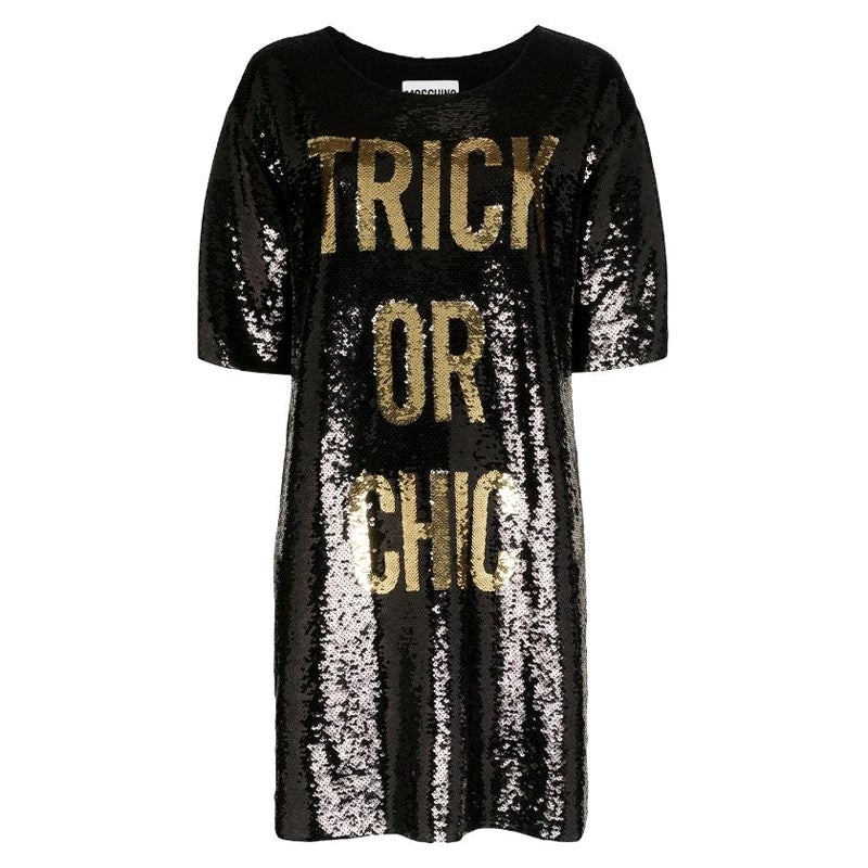 SS20 Moschino Couture Jeremy Scott Trick or Chic Black/Gold Sequined Dress 38 IT For Sale