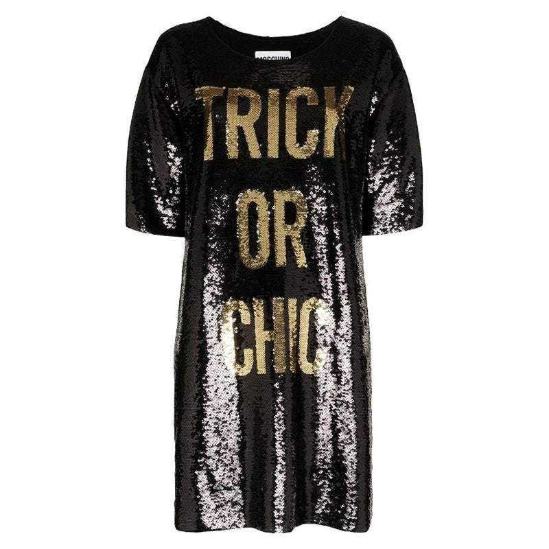 SS20 Moschino Couture Jeremy Scott Trick or Chic Black/Gold Sequined Dress 40 IT For Sale