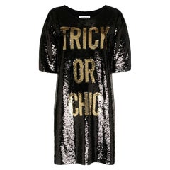 Robe Moschino Couture SS20 Jeremy Scott Trick ou Chic à paillettes noires/dorées 40 IT