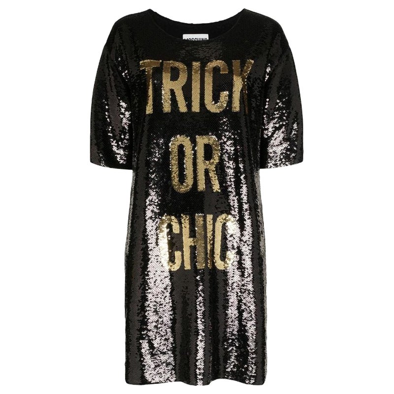 SS20 Moschino Couture Jeremy Scott Trick or Chic Black/Gold Sequined Dress 42 IT For Sale