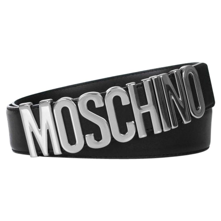 SS17 Moschino Couture Jeremy Scott Black Leather Belt with Silver Lettering Logo For Sale