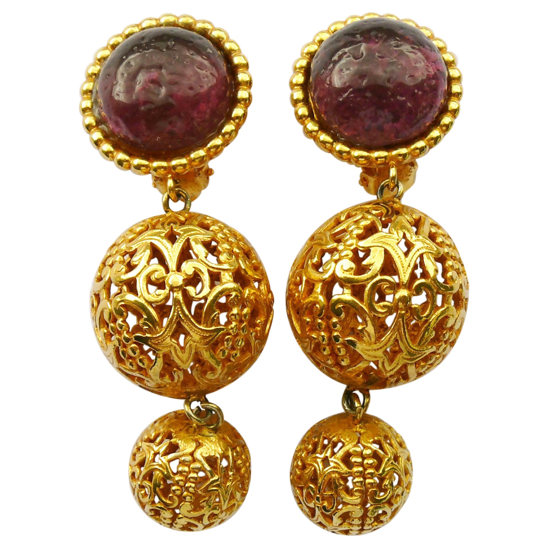 Dominique Aurientis Vintage Gold Toned Filigree Balls Dangling Earrings