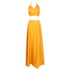 Madame Grès boutique 1970s vintage gold silk halter top & maxi skirt set.