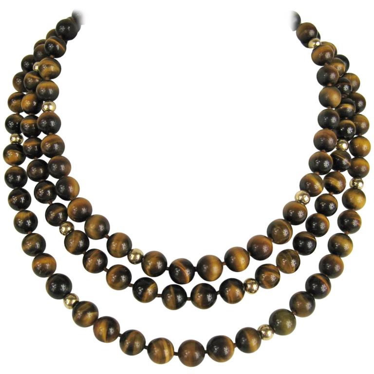 Vintage Tiger's Eye and Gold beaded Necklace For Sale at 1stdibs