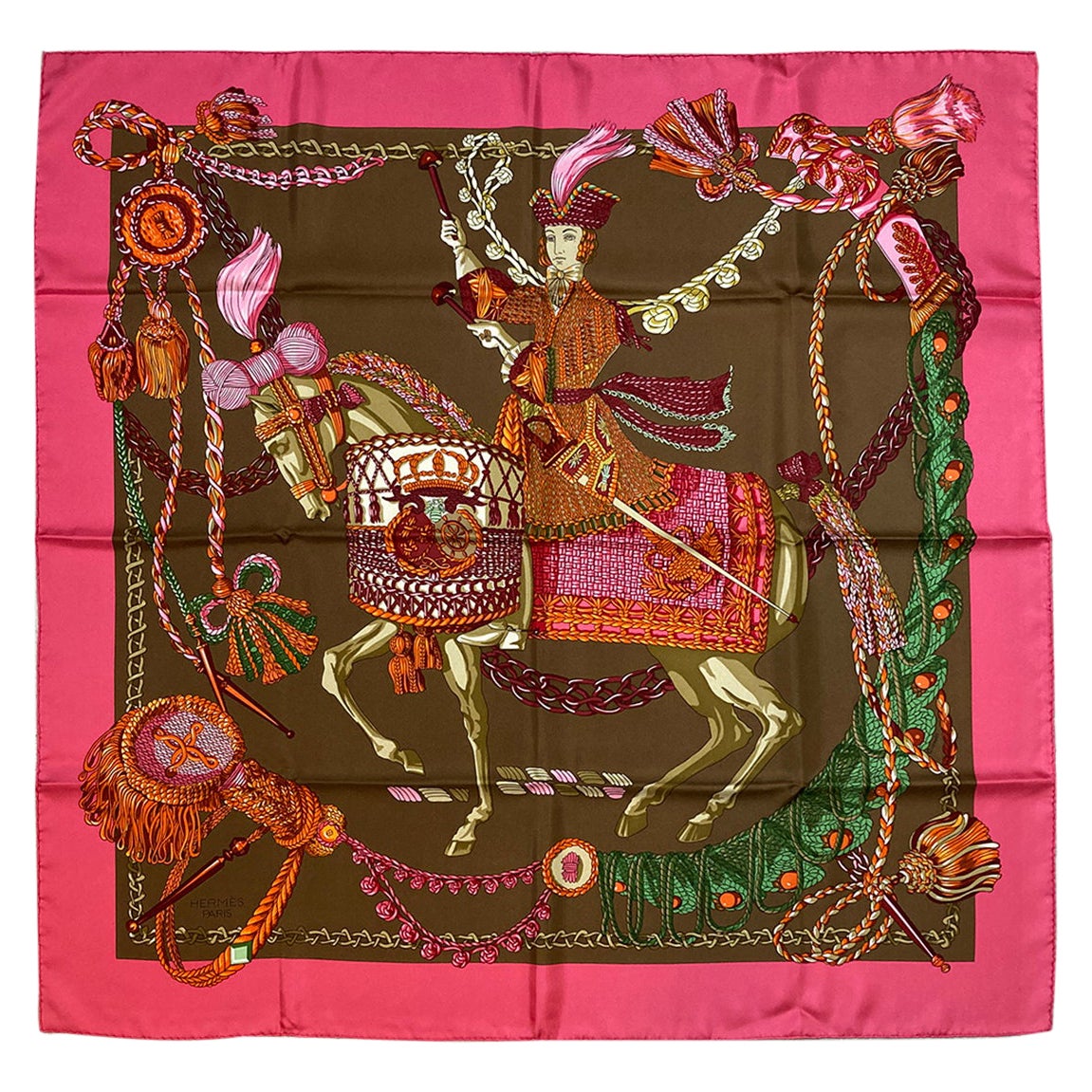 Hermes Le Timbalier Silk Scarf in Pink and Brown c1960s