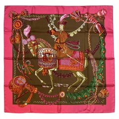 Hermes Le Timbalier Silk Scarf in Pink and Brown c1960s
