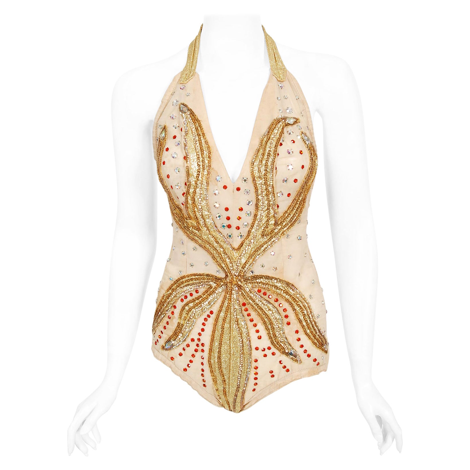 Vintage 1940''s Metallic Gold Lamé Flame Diamante Mesh Showgirl Circus  Costume For Sale at 1stDibs
