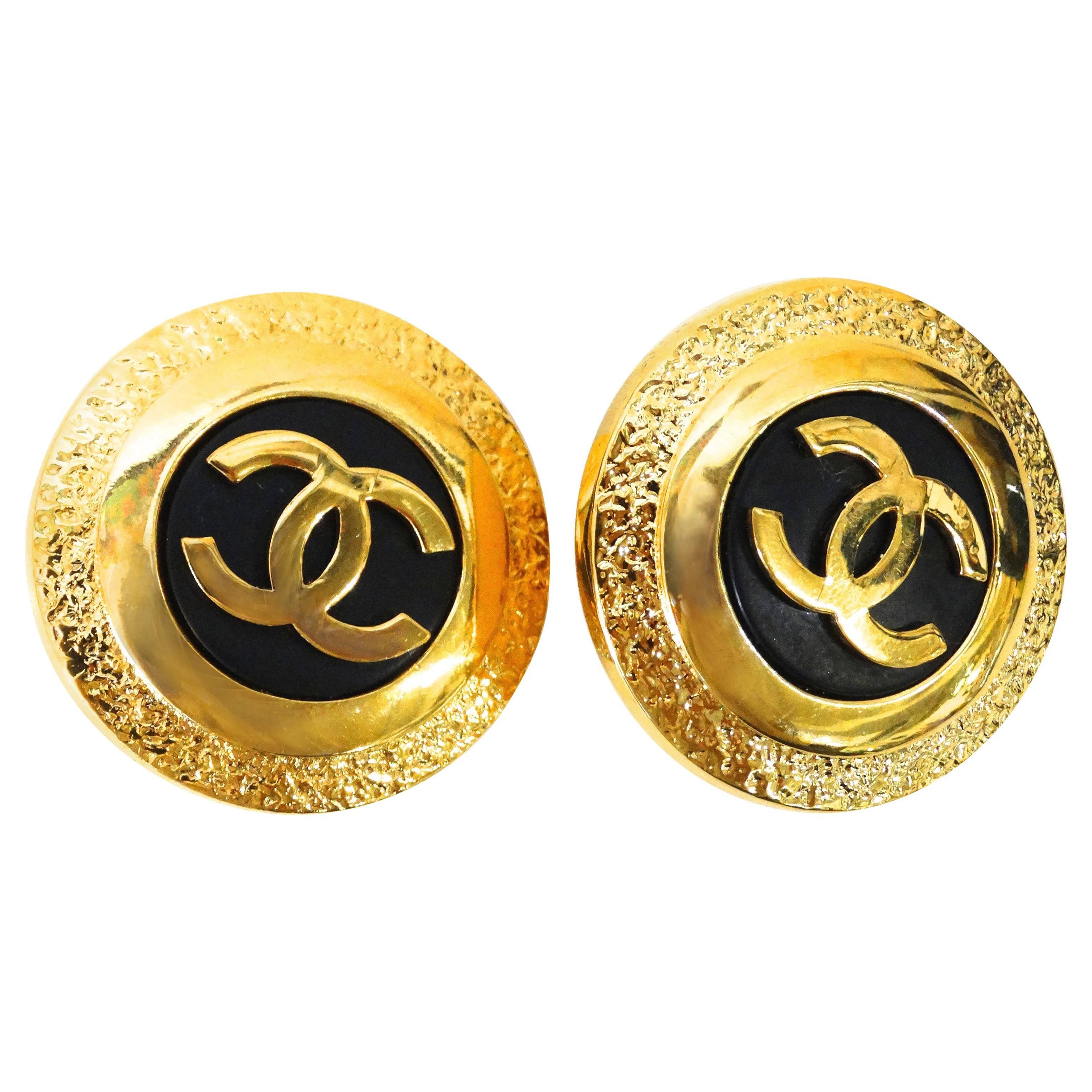 Chanel 1980's Gold and Black Disc Earrings For Sale