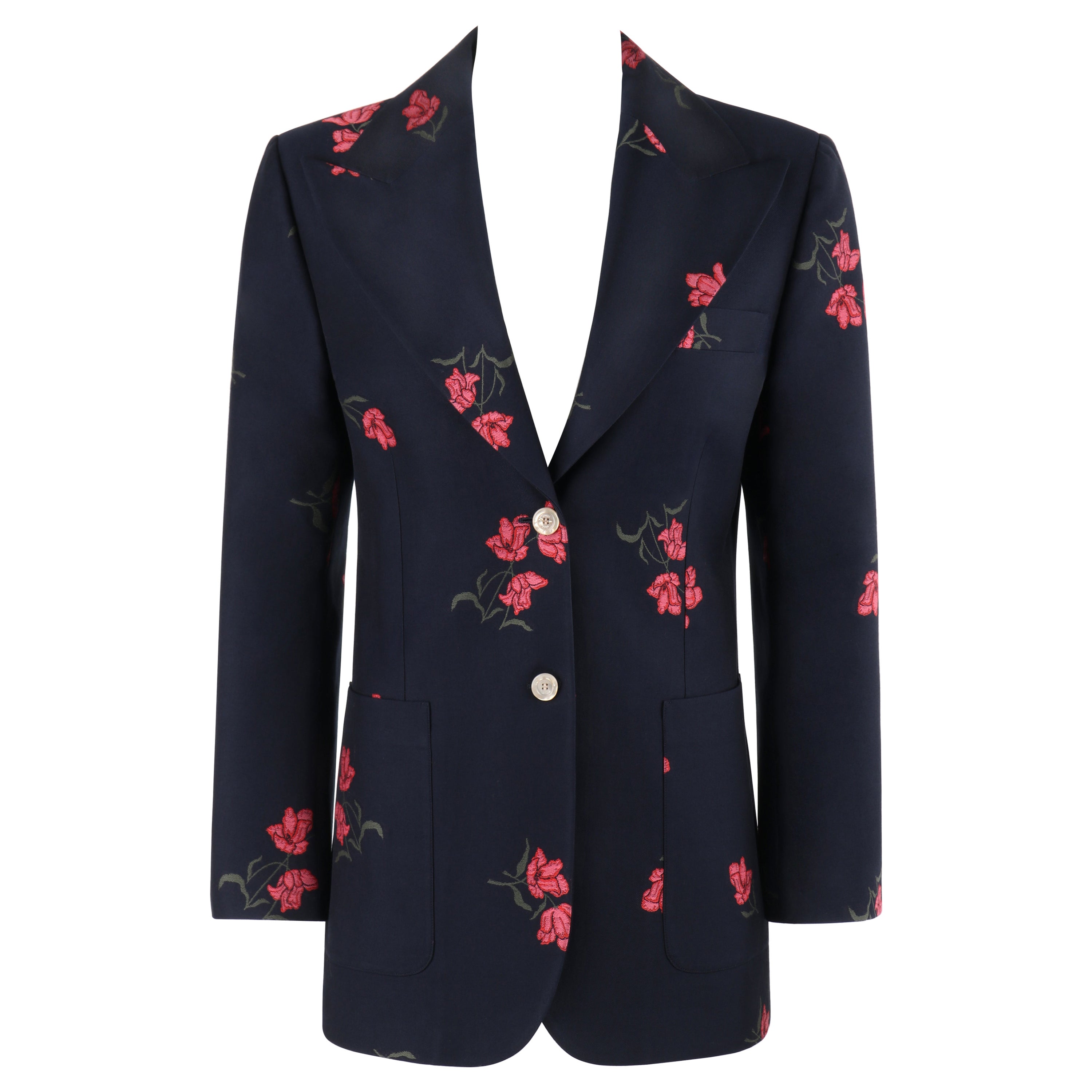 GUCCI S/S 2017 Blue Green Pink Floral Wool Pointed Collar Blazer Jacket For Sale