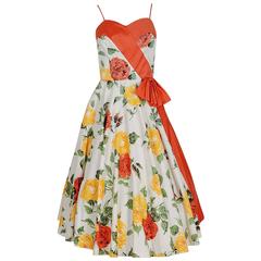 1950's Julie Miller Orange & Yellow Roses Floral Print Cotton Full-Skirt Dress